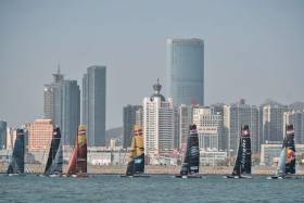 Sails against the Qingdao skyline in the Mazarin Cup, the second stage of the 2017 Extreme Sailing Series