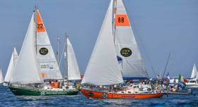 Gregor McGuckin’s Hanley Energy Endurance (left) at the start of the Golden Globe Race on 1st July at les Sables d’Olonne. Currently leading the ketch-rigged boats, he is expected to cross the equator today
