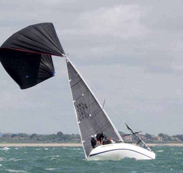 Cobh Pirate had a spinnaker malfunction during windy weather during yesterday's Coutts Quarter Ton Cup on the Western Solent