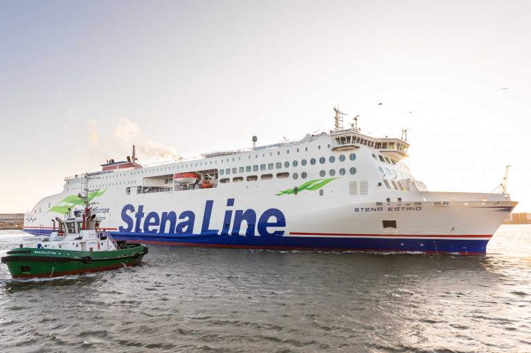 Leadship of the new E-Flexer class ropax, Stena Estrid AFLOAT adds is seen on arrival in Dublin Port yesterday following a maiden crossing from Holyhead, north Wales. In the foreground of the &#039;next-generation&#039; ferry is a Dublin Port tug Shackleton which presented a traditional maritime water cannon salute.   