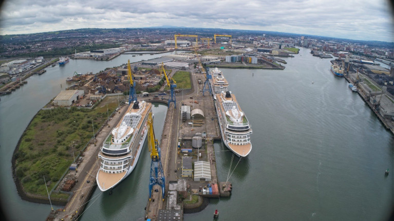 This twitter photo was posted about one month after the first of Viking Cruises three ships (of a larger fleet) arrived in June at the famous Belfast shipyard. AFLOAT had tracked them also last month (see below) and as of today the cruiseships remain at the shipyard. Viking Sun is docked in Belfast Dry-Dock while berthed at the fit-out quay are Viking Sky astern of the final trio the Viking Sea.