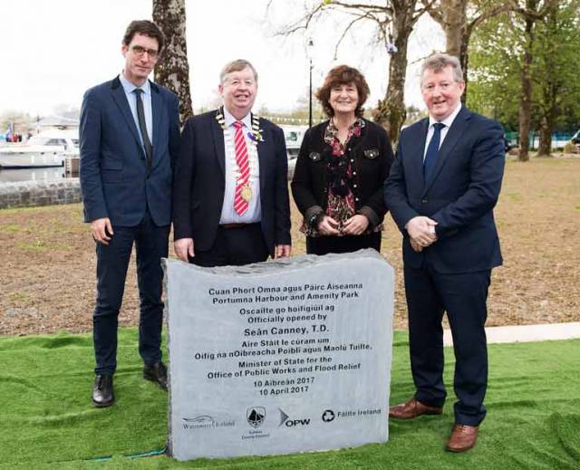 Portumna Harbour – Picture L-R  Paddy Matthews, Failte Ireland  Cathaoirleach Michael Connolly Galway County Council  Dawn Livingstone, Chief Executive, Waterways Ireland  Seán Canney, TD, Minister of State for the Office of Public Works and Flood Relief