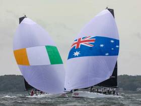 Royal Cork Yacht Club&#039;s Anthony O&#039;Leary duels downwind with  Royal Sydney Yacht Squadron&#039;s Guido Belgiorno-Nettis in day two of the New York Invitational Cup