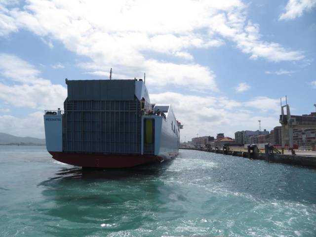 Connemara's maiden arrival (earlier this year) by going astern to berth in Santander, Spain where AFLOAT adds freight trucks and cars used the ropax's stern only vehicle ramp to disembark in the Cantabrian port. 