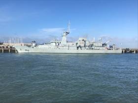 Presenting a sleek profile: LE George Bernard Shaw (P64) with a crew of 44 personnel, made a first visit to Dun Laoghaire Harbour last weekend when alongside Carlisle Pier.