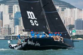 The superbly-prepared Cookson 50 Mascalzone Latino off Hong Kong’s spectacular waterfront for the start of the race to Vietnam.