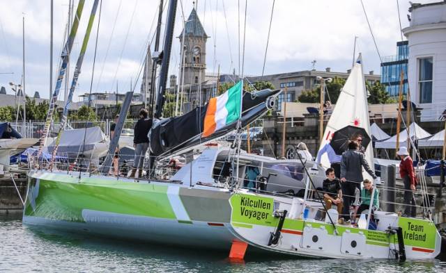 Enda O'Coineen's Team Ireland IMOCA 60 yacht alongside at the Royal Irish Yacht Club
