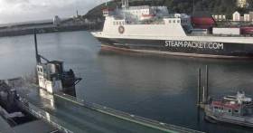 Ropax Ben-My-Chree Afloat adds is seen berthed in Douglas Harbour 