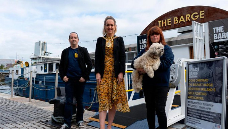 The Barge: Chris Logan and Susan Doherty from Belfast Barge with Lord Mayor Kate Nicholl and dog Captain Bob