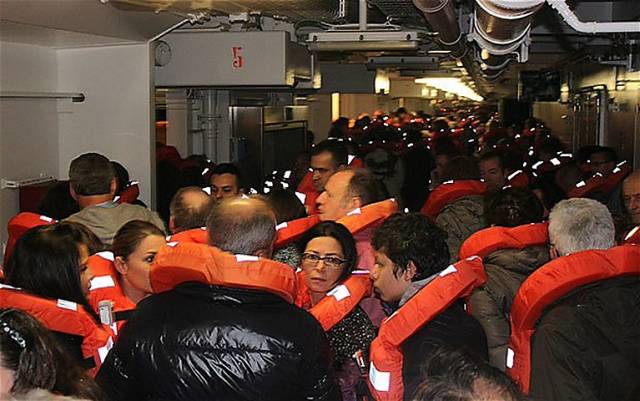 Passengers mustering aboard Costa Concordia during emergency