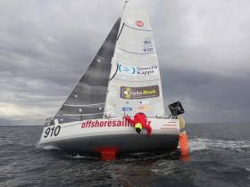 Dream on. Tom Dolan in the conditions he really enjoys, here he is using a weedstick to check his keel and rudder but this morning the Mini Transat 2017 fleet struggles in light airs towards the finish of Stage 1 at Las Palmas in the canaries.