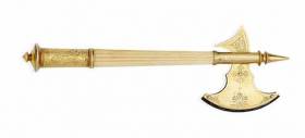 The ceremonial axe has a fluted ivory shaft, gold terminal inscribed &quot;ULSTER&quot; / launched at / BIRKENHEAD / 27th June 1896