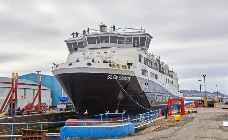 First of the CalMac ferry pair, MV Glen Sannox Afloat adds moved from Ferguson Marine to Dales dry dock (above) earlier this month. 