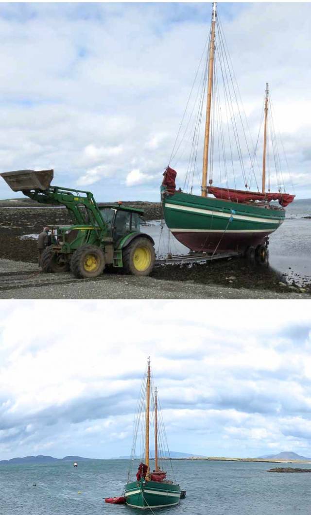 (Top) The restored Aigh Vie was moved gently down the beach at low water…….and then (above) floated out of the trailer by the rising tide