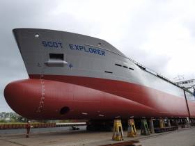 Prior to the launch of Scot Explorer, the second of three forest product carriers for operator, Scotline, at the Dutch shipyard of Royal Bodewes. A third and final sister to be built and named Scot Ranger recalls a predecessor of that same name which had called to Irish ports.