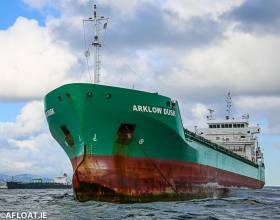 At close quarters: Gone is the grey hull colour of former owner&#039;s Flinter Group whose cargsoship is now Arklow Dusk. The Irish flagged ship had made its first call to Dublin Port and was one of seven ships that presented a busy scene in Dublin Bay over the May Bank Holiday weekend. 