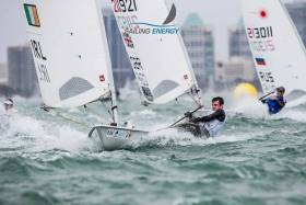 Finn Lynch at speed downwind in the Laser Class in Miami