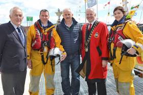 Branch chairman Noel Phillips, lifeboat crew Derek Shevlin, Drogheda Harbour Master Captain Martin Donnelly, Drogheda Mayor Oliver Tully and lifeboat crew Barbara Kirk at the launch of Clogherhead RNLI’s lifeboat appeal
