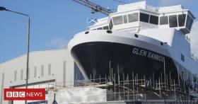 Glen Sannox, the first of a pair of much delayed duel-fuel ferries at the Fergusan Marine shipyard located on the Clyde, Scotland