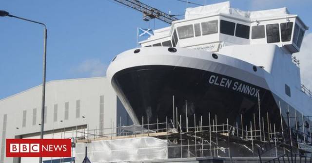 Glen Sannox, the first of a pair of much delayed duel-fuel ferries at the Fergusan Marine shipyard located on the Clyde, Scotland