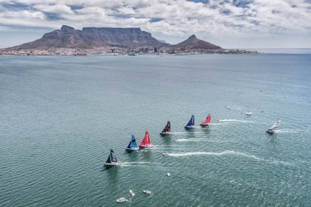The VOR fleet enjoys a practice race with Table Mountain in the background on Wednesday 6 December