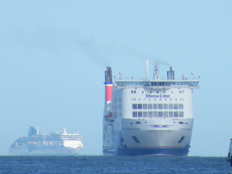 The &#039;Ferry Faces&#039; of Stena Line&#039;s &#039;Seamaster&#039; class Stena Adventurer arrives in Dublin Port ahead of Irish Ferries Ulysses when approaching in Dublin Bay. Both ferries compete on the core Irish Sea short-service route linking Holyhead, north Wales.