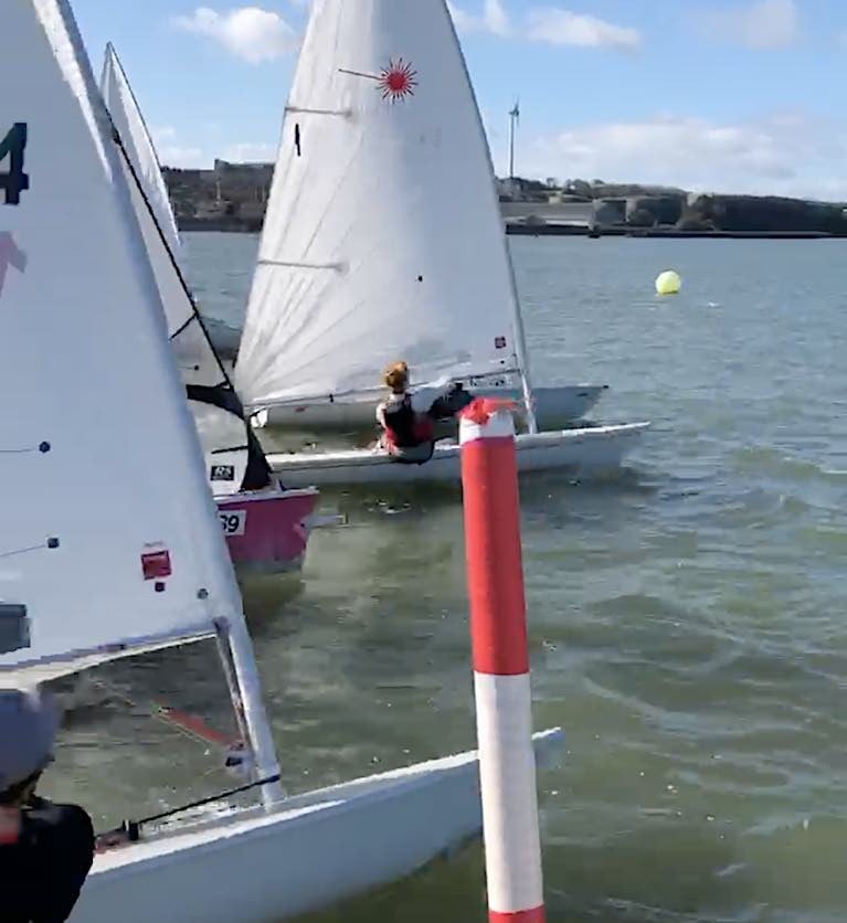 Overall leader Chris Bateman gets a nose out at the start of an MBSC Dinghy League on Saturday. See vid below
