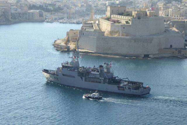  LE Eithne AFLOAT adds is seen on completion of a previous deployment in the Mediteranean Sea. The flagship was homeward bound which involved an en-route call via the Grand Harbour, Valletta, Malta. 