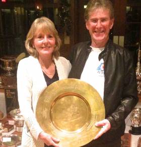 Cathy &amp; Daragh Nagle at their home club of the Royal Victoria YC in western Canada receiving the Sydney Bryant Award for Blue-Water Cruising Excellence