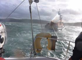 The view from one of three yachts Larne RNLI towed to safety last weekend amid high winds