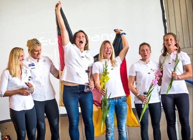 Dun Laoghaire's Saskia Tidey sailing for Team GB (second from left) took a podium finish at the 49erFX Euro Championships