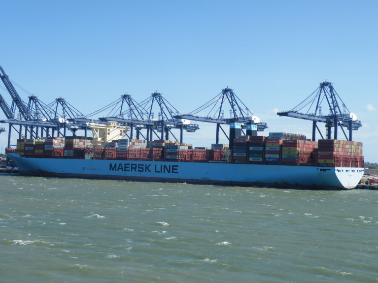 The Hutchison-operated Port of Felixstowe (as above) and DP World’s Southampton and London Gateway facilities are all currently congested, says Flexport executive. In Afloat's file photo is of the UK's biggest containerport where the giant 'box-boat' Mette Maersk serves the the major Europe-Asia trade. 