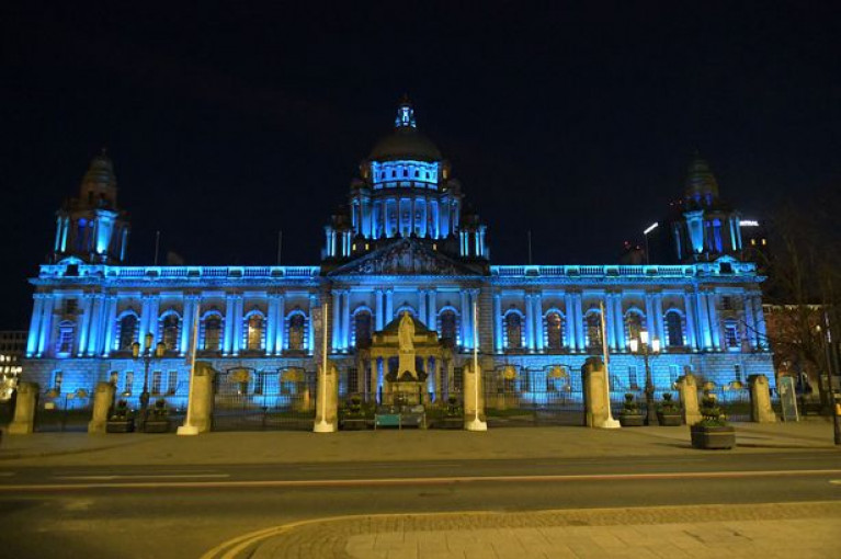 Belfast&#039;s City Hall was lit up in blue as a tribute the healthcare workers