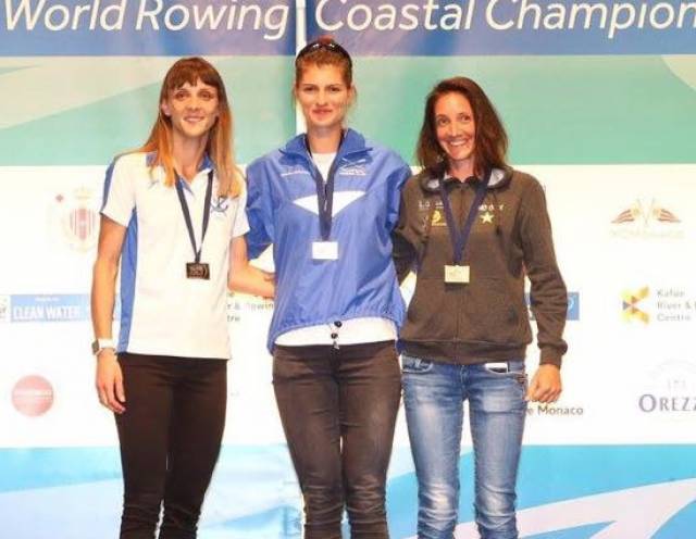 Monika Dukarska with silver medallist Alexandra Tsiavou and Edwig Alfred (bronze) at the World Coastal Championships.