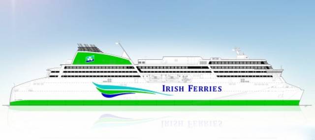 Image illustration shows starboard side elevation of the €150m cruiseferry W.B. Yeats in which the pre-assembled superstructure (comprised of 3 x blocks) where brought by barge from Poland to the FSG yard in Germany. In a major operation heavy-lift cranes lowered the blocks onto the completed hull last week.  