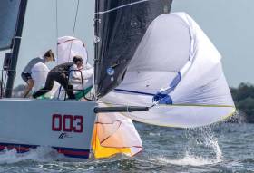 Anthony O&#039;Leary&#039;s Royal Cork crew gather the spinnaker on the bow of their IC37 in the penultimate race of the 2019 Rolex New York Yacht Club Invitational Cup
