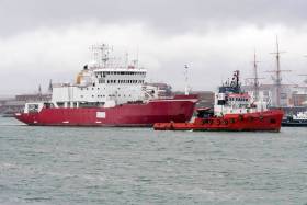 Former Royal Navy ice patrol survey ship, HMS Endurance (named in honour of Sir Ernest Shackleton&#039;s 1914-1918 Antarctic expedition ship) departing Portsmouth under tow to Turkish ship-breakers