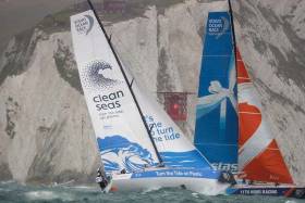 Cliffhanger….the Volvo 65s Turn the Tide on Plastic and Team Vestas in a tacking duel at The Needles lighthouse during the first race of the new fleet, a sprint round the Isle of Wight in the middle of Cowes Week 2017. Annalise Murphy will contest the Volvo Ocean Race on Turn the Tide, and Damian Foxall and James O’Mahoney are with Team Vestas