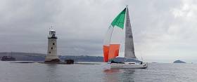 After a windy first SORC Solo Fastnet race, Conor Fogerty and BAM from Howth Yacht Club finish in light airs on the A2 at Plymouth