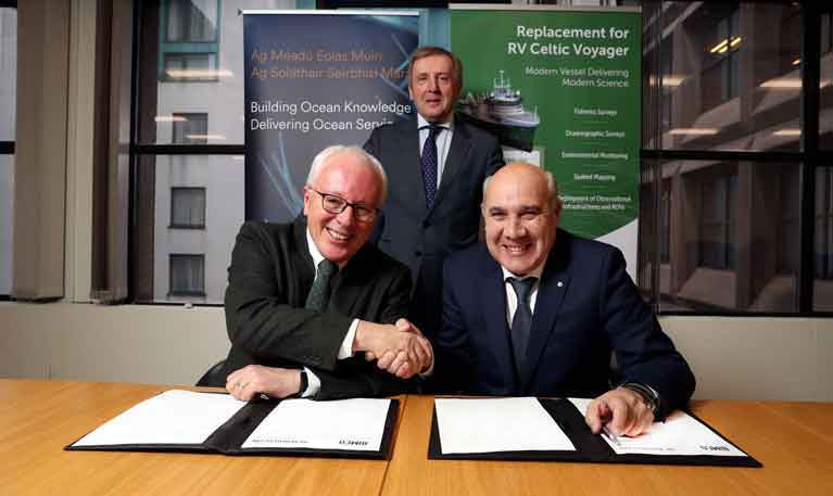 Pictured at the contract signing were Dr. Paul Connolly CEO Marine Institute, Minister Michael Creed TD, Department of Agriculture Food and the Marine and Laudelino Alperi Baragaño, Executive Shareholder, Astilleros Armon Vigo S.A