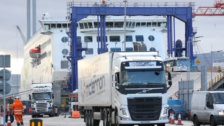 The ferry Stena Estrid berthed in Dublin Port. Overall freight volumes passing through the port fell by 5 per cent as freight unit volumes with Britain declined by 214,000, while volumes with mainland EU ports rose by 158,000.