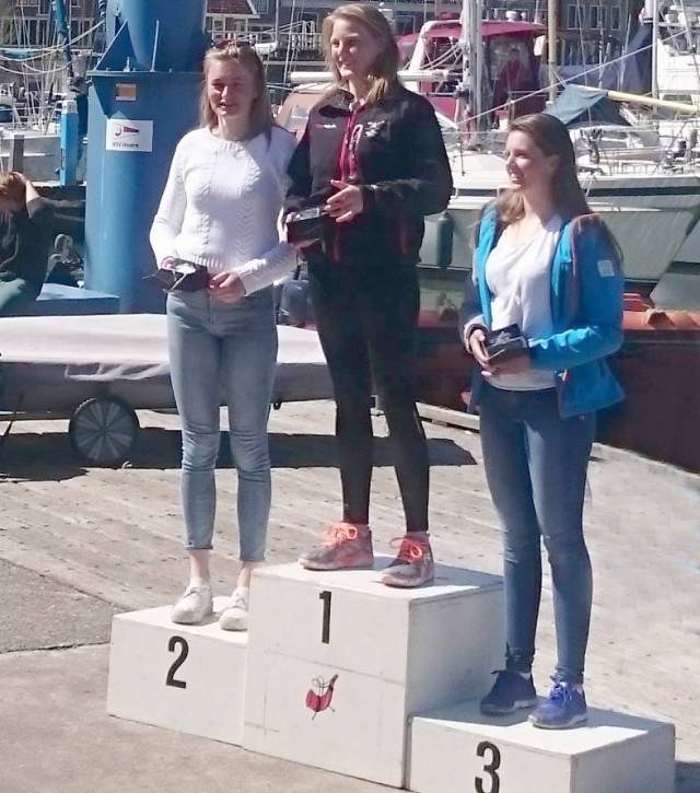 Aoife Hopkins (centre) was overall winner of the women's Laser Radial Europa Cup fleet last weekend  in Holland. The Howth youngster was best under–19 too. It wasn't the only Dutch performance from the Irish youths either, Liam Glynn was third in the under–19 boys fleet.