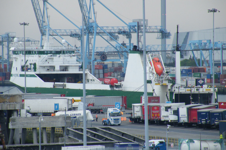 Ro-ro freight ferry Mistral at Dublin Port with un-accompanied truck-trailer units along the North Wall Quay Extension