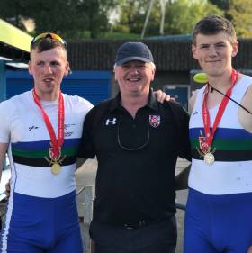 Tiernan Oliver, Mick Desmond (coach) and Nathan Hull. The two rowers won gold at BUCS Regatta on Monday in a quad.  