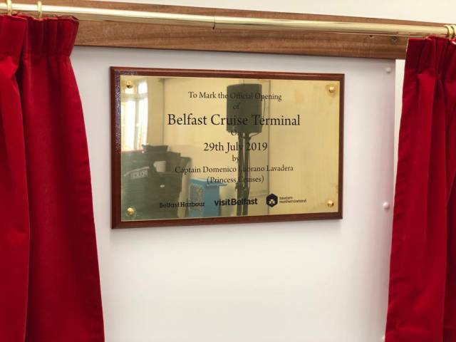 The plaque to mark the opening of the new Belfast Cruise Terminal which took place yesterday