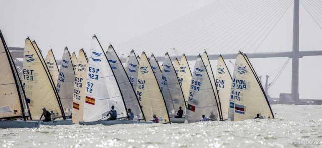Oisin McClelland (IRL 9) in the first race of the Finn Europeans Championships in Cadiz