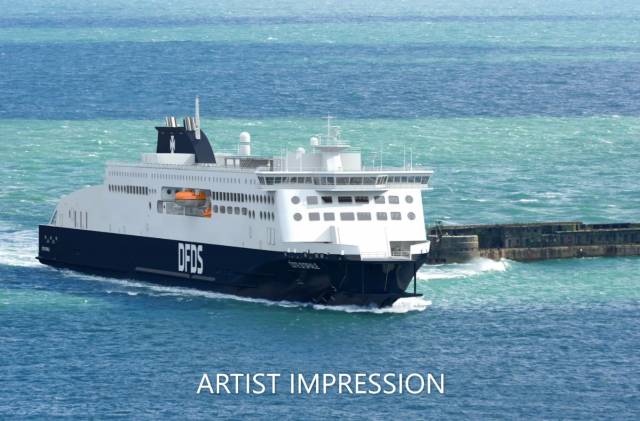 A new ferry for DFDS Dover-Calais service in 2021, will be named Côte D’Opale and follows a steel cutting ceremony of the ferry in China. AFLOAT adds the newbuild chartered from Stena Ro Ro which has ordered eight Stena's E-Flexer class ropax ferries to include sisters entering Irish Sea service from next year. 