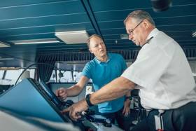 Lars Carlsson Head of Stena Line&#039;s AI and Jan Sjöström, Senior Master of Stena Scandinavia discuss the new AI model on board. Afloat adds the Swedish-Danish route serving ferry is an enlarged sister of Stena Adventurer operating on the Irish Sea: Dublin-Holyhead.