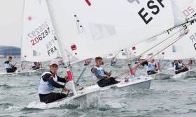 Radial boys approach a turning mark during the World Championships at the Royal St. George Yacht Club