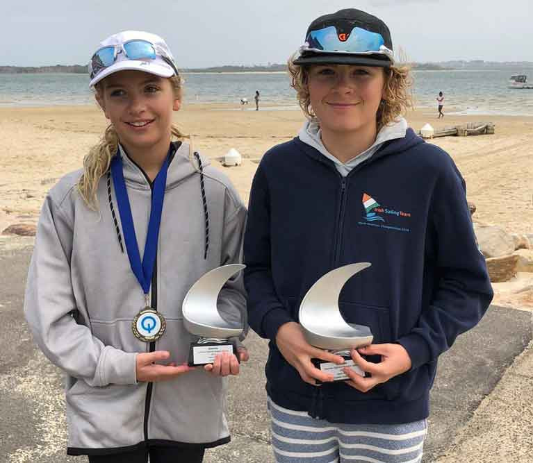 Howth Yacht Club's Sienna and Rocco Wright with their trophies in Sydney